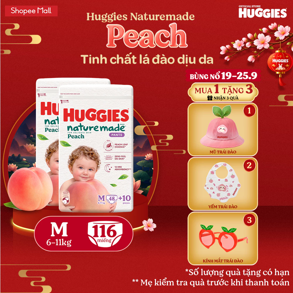Combo 2 Tã quần Huggies Naturemade Peach M48+10/ L44/ XL38/ XXL26