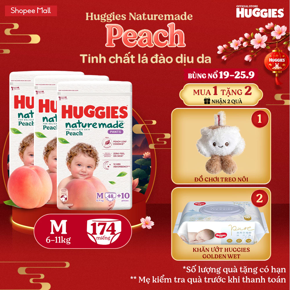 [KOL LIVE] Combo 3 Tã quần Huggies Naturemade Peach M48+10/ L44/ XL38/ XXL26