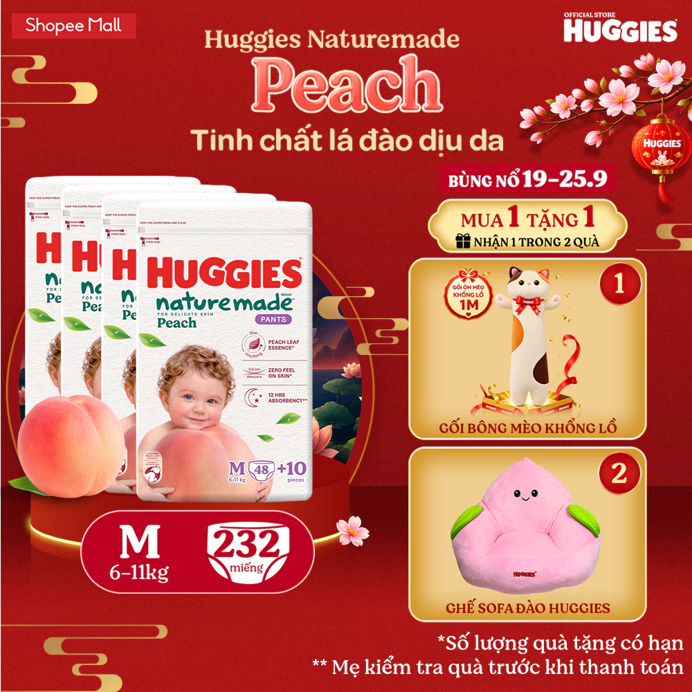 Combo 4 Tã quần Huggies Naturemade Peach M48+10/ L44/ XL38/ XXL26