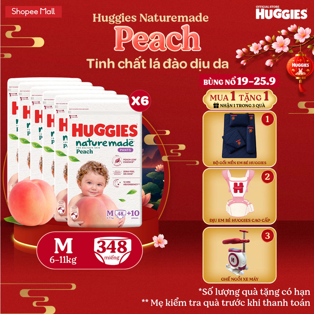 Combo 6 Tã quần Huggies Naturemade Peach M48+10/ L44/ XL38/ XXL26