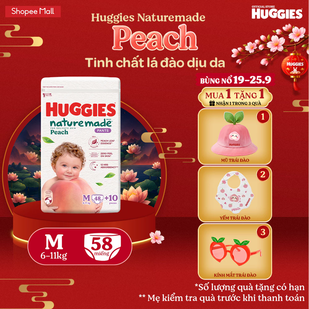 [KOL LIVE] Tã quần Huggies Naturemade Peach M48+10/ L44/ XL38/ XXL26