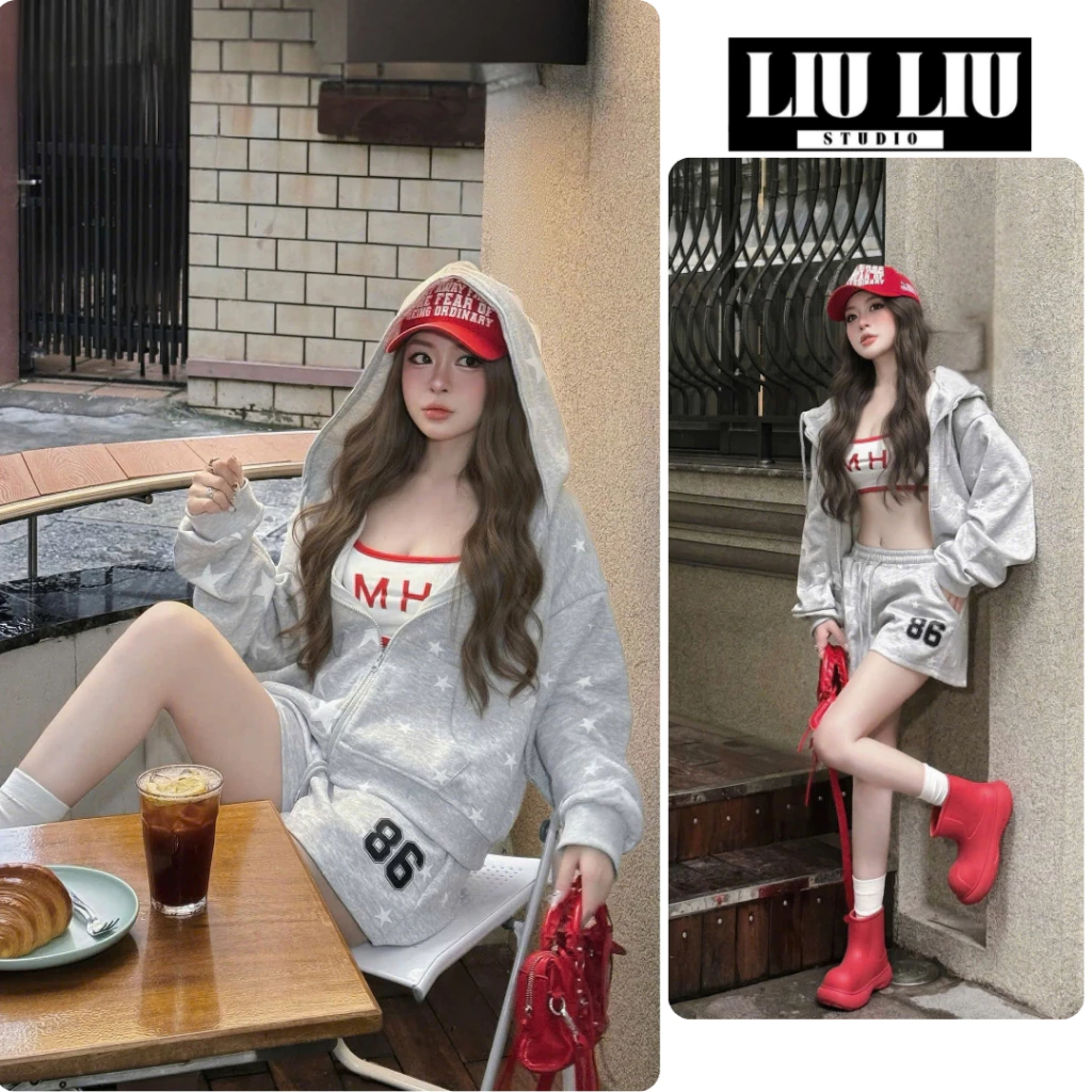 Set Nỉ Ngôi Sao Nữ LIULIU STUDIO Áo Khoác Hoodie Form Rộng Kèm Quần Short Phong Cách Y2K Trẻ Trung Cá Tính L80