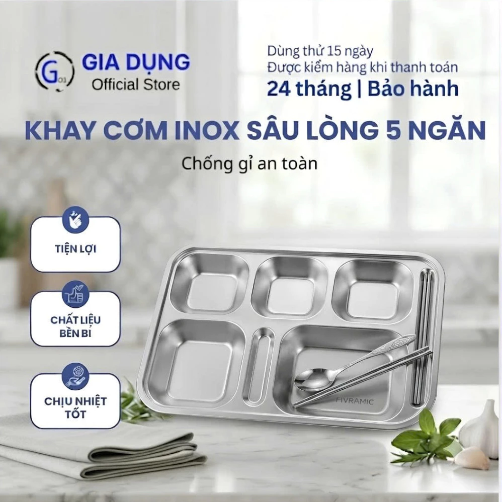 Khay Cơm Inox 304 Sâu Lòng 5 Ngăn Cao Cấp G01 chống ghỉ an toàn