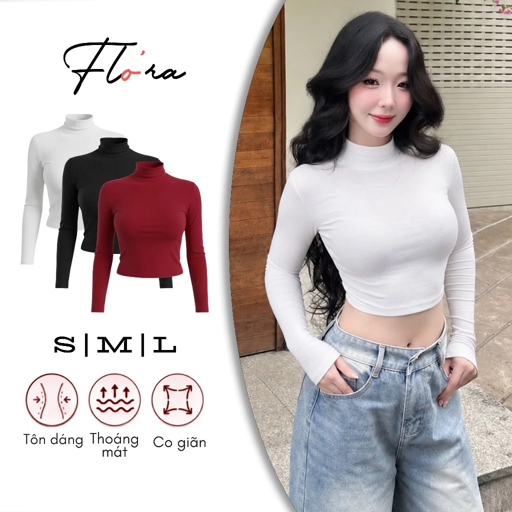 Áo Croptop TAY DÀI CỔ LỌ Chất Thun Borip Lụa CR108, Áo Thun Nữ Cổ Cao Basic Ôm Body Kiểu Trơn Flo'ra