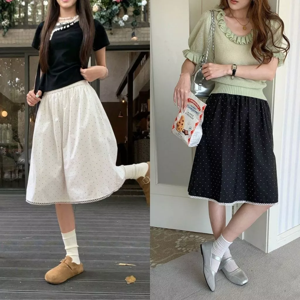 Chân váy lửng lụa hàn viền ren, váy dáng lửng cạp chun có túi sườn Renee Store - V481