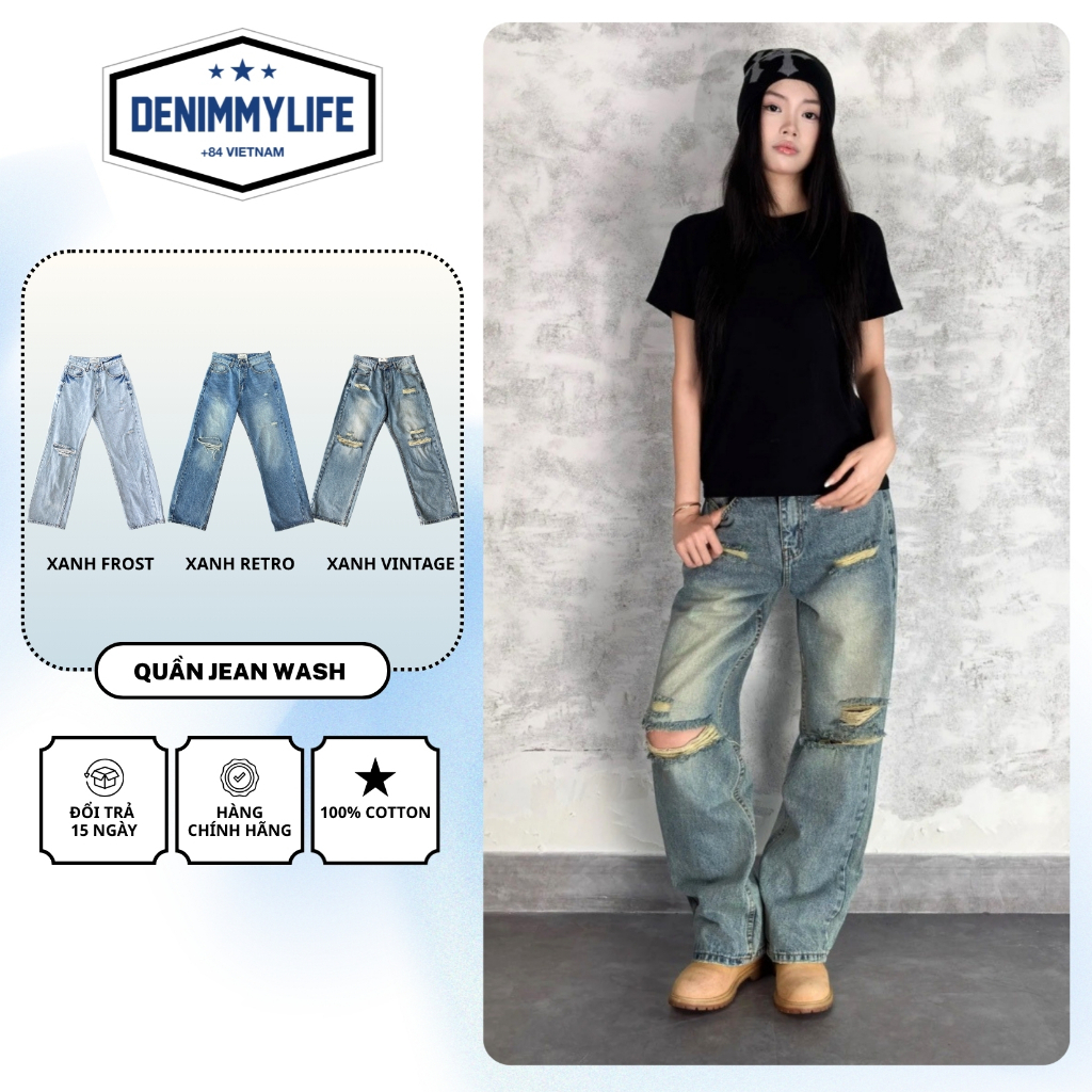 Quần Jeans Suôg rách Relax Nam Nữ DENIM & MY LIFE (QJ21)