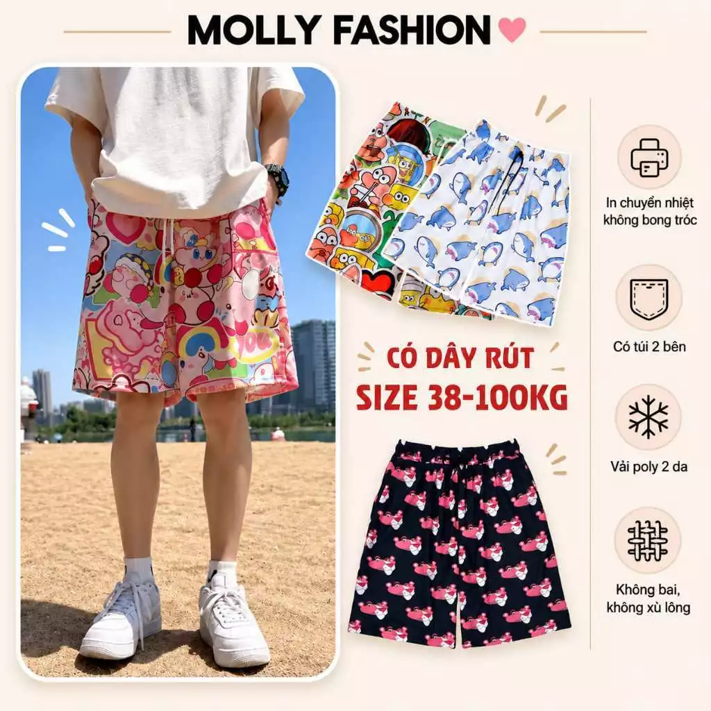 Quần đùi nam nữ MOLLY FASHION Bigsize 38-100kg, quần short mặc nhà hoạt hình đi biển BST01