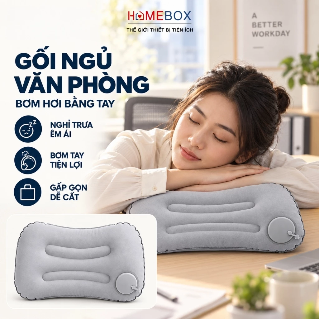 Gối Kê Cổ Tự Bơm Hơi Hình Chữ Nhật HomeBox, Gối Đa Năng Hoàn Hảo Cho Đi Du Lịch Hay Văn Phòng