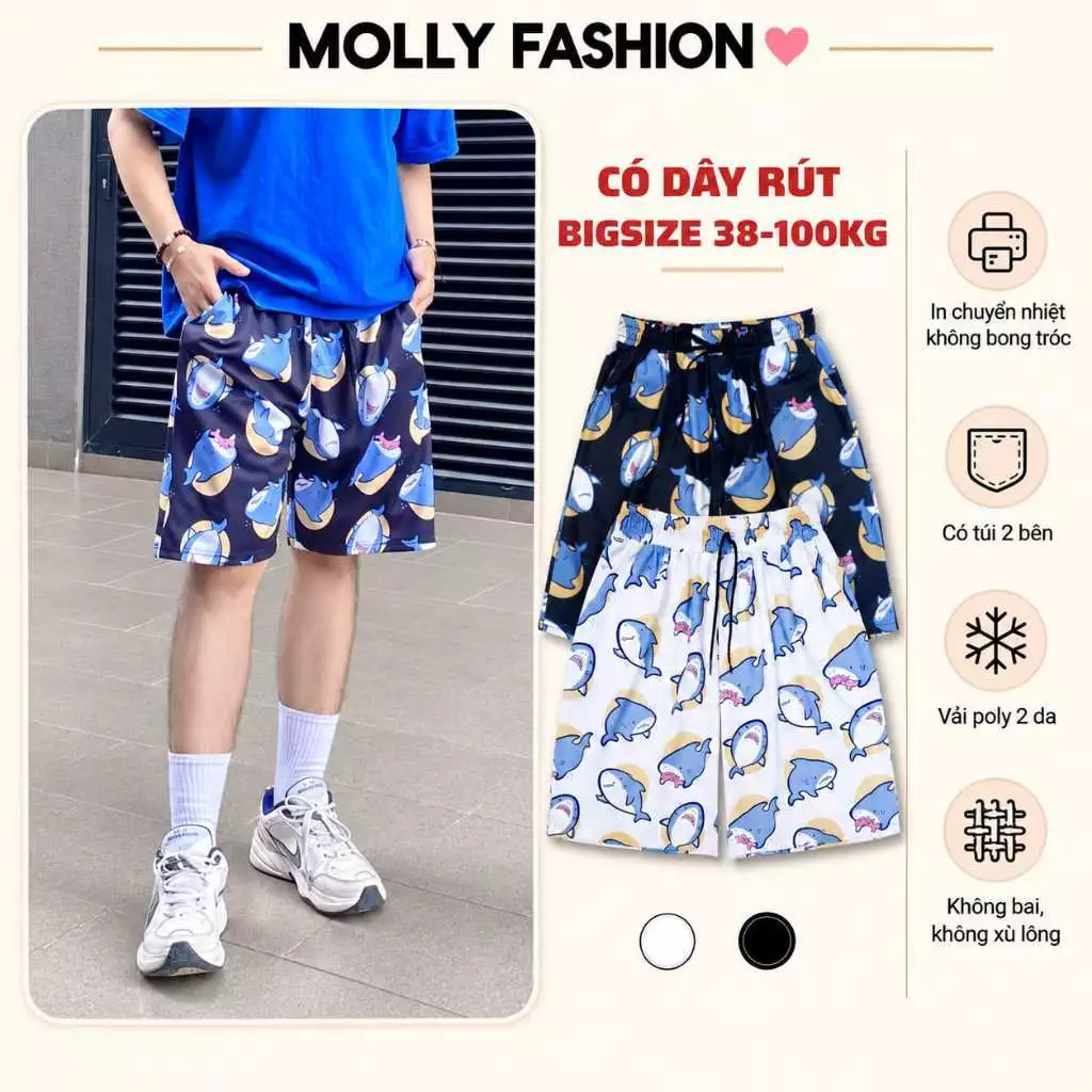 Quần đùi nam nữ MOLLY FASHION thun lạnh Bigsize 38-100kg, quần short mặc nhà đi biển SHARK