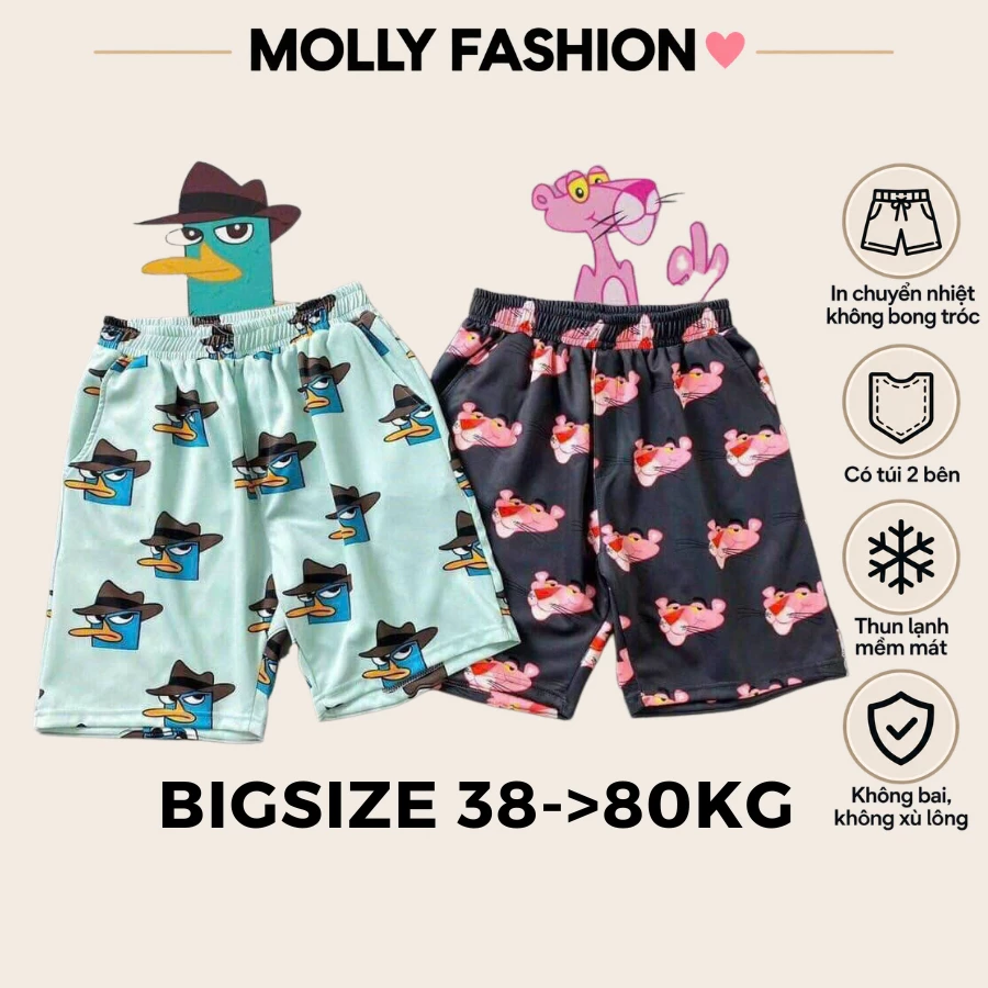 Quần đùi nam nữ MOLLY FASHION 38-80kg thun lạnh Bigsize BST01, quần short mặc nhà hoạt hình