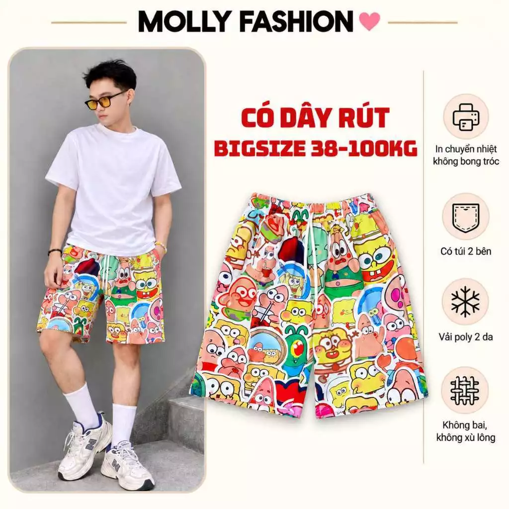 Quần đùi nam nữ MOLLY FASHION Bigsize 38-100kg, quần short mặc nhà hoạt hình đi biển B04