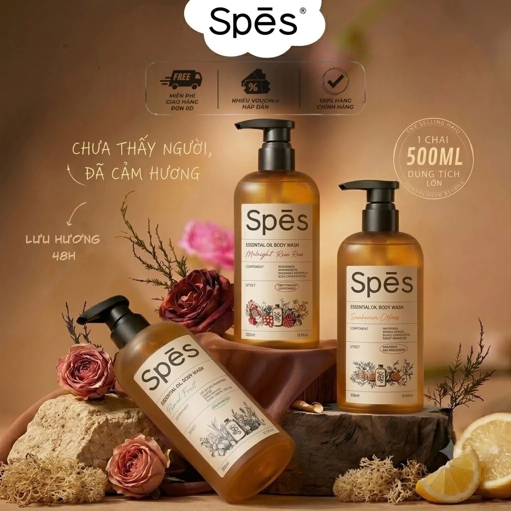 Sữa Tắm Tinh Dầu SPES Hỗ Trợ Làm Sạch, Dưỡng Ẩm (Hương Hoa Hồng / Trái Cây / Hoa Cỏ) 500ml