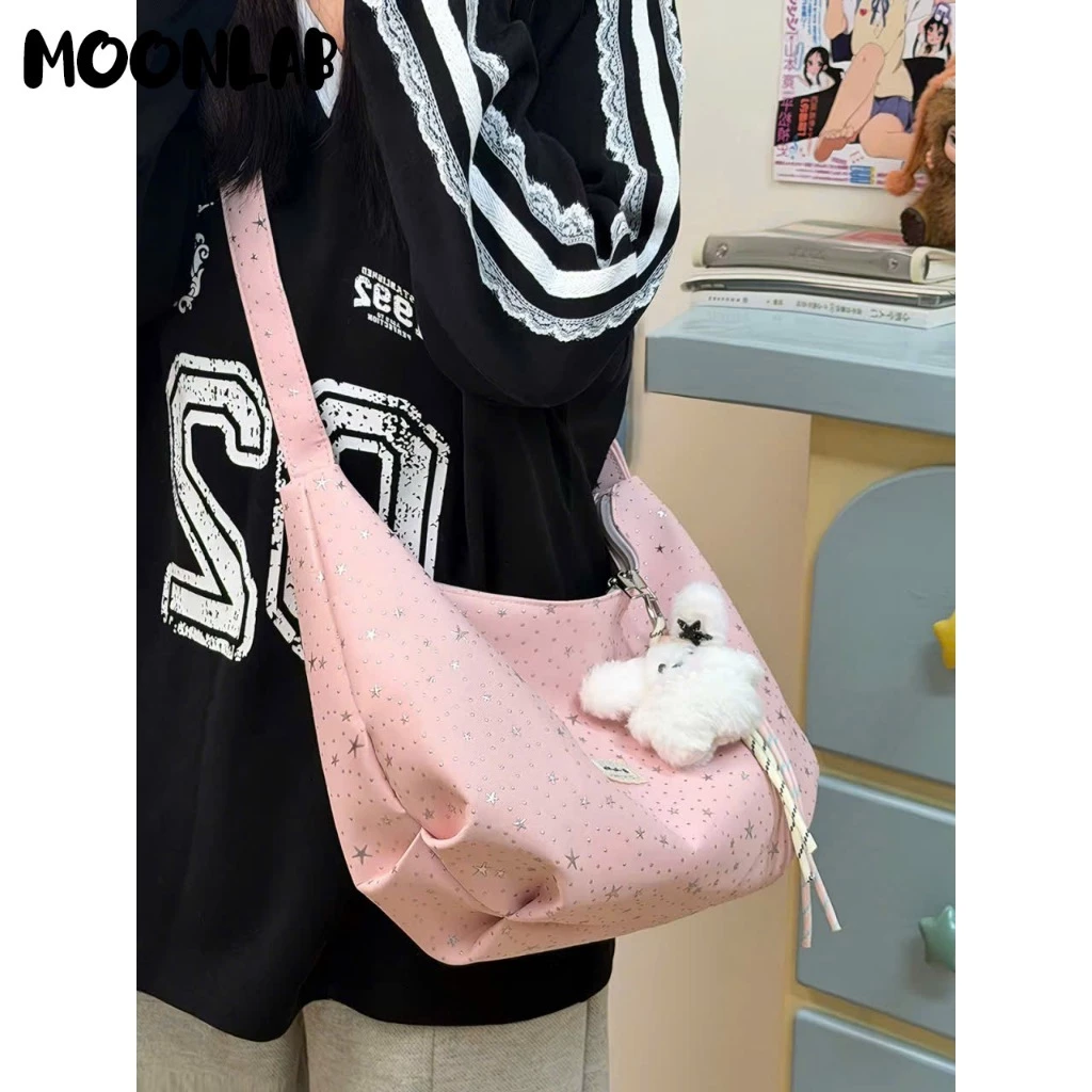Túi đeo chéo nữ, túi vải đeo vai phong cách ulzzang in nổi họa tiết ngôi sao màu hồng pastel đựng vừa A4 Moonlab Mã:C1