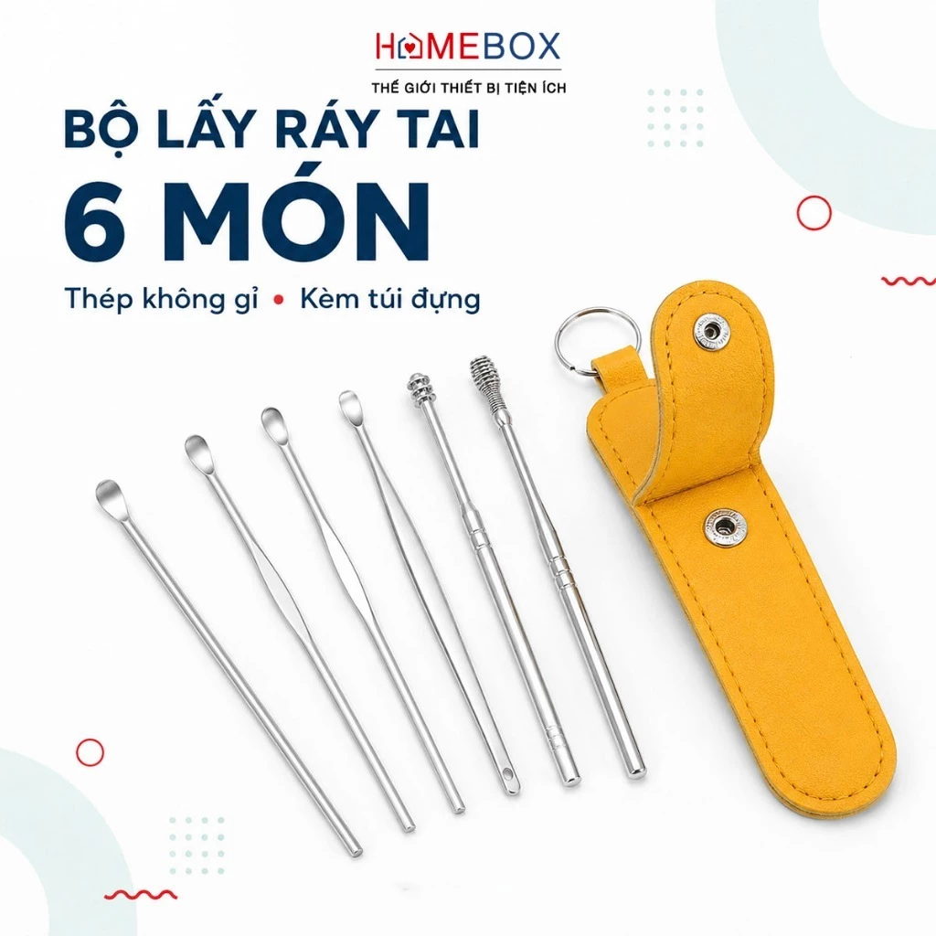 SET 6 Dụng Cụ Lấy Ráy Tai Bằng Thép Không Gỉ Kèm Túi Đựng Dụng Cụ Vệ Sinh Tai Dành Cho Gia Đình
