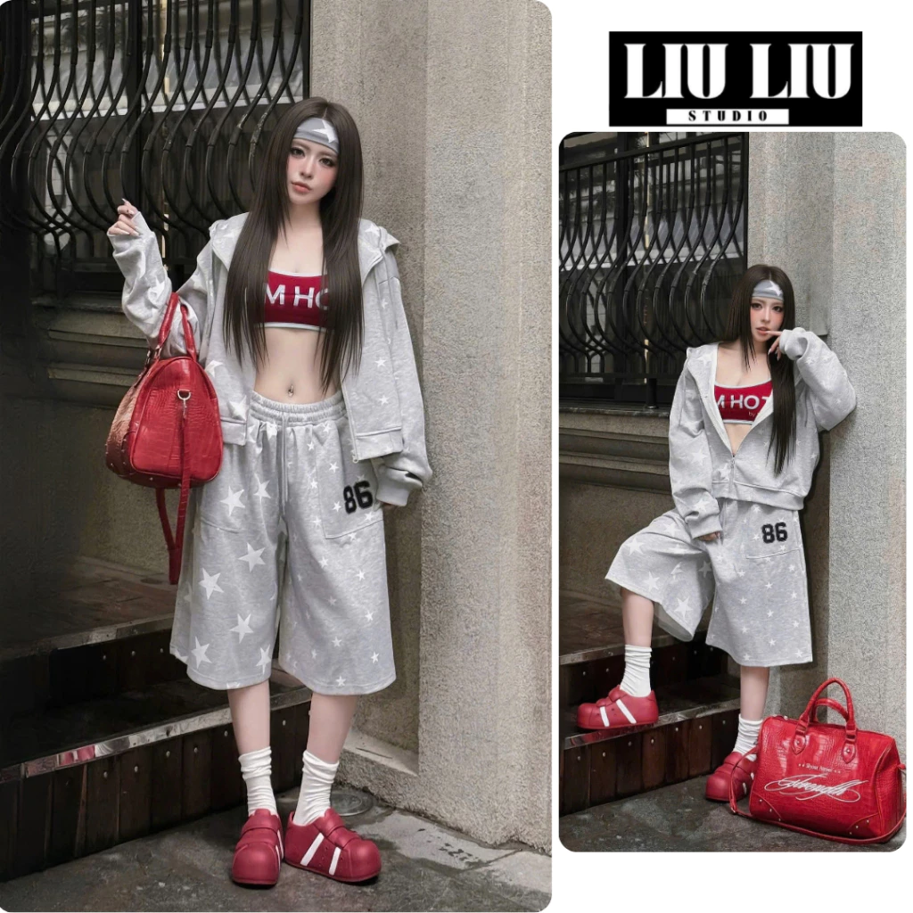 Set Nỉ Ngôi Sao Nữ Áo Hoodie Khóa Kéo Quần Ngố Ống Rộng Họa Tiết Sao Phong Cách Y2K Trẻ Trung L81