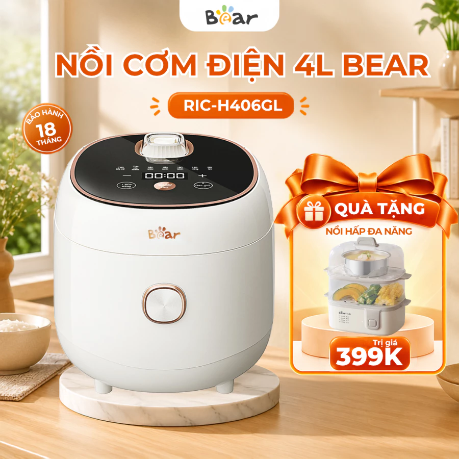 [TẶNG NỒI HẤP]Nồi cơm điện 4L (lòng nồi 1.5L) đa năng Bear RIC-H406GL, 800W,Hẹn giờ,Cho 4-5 người ăn