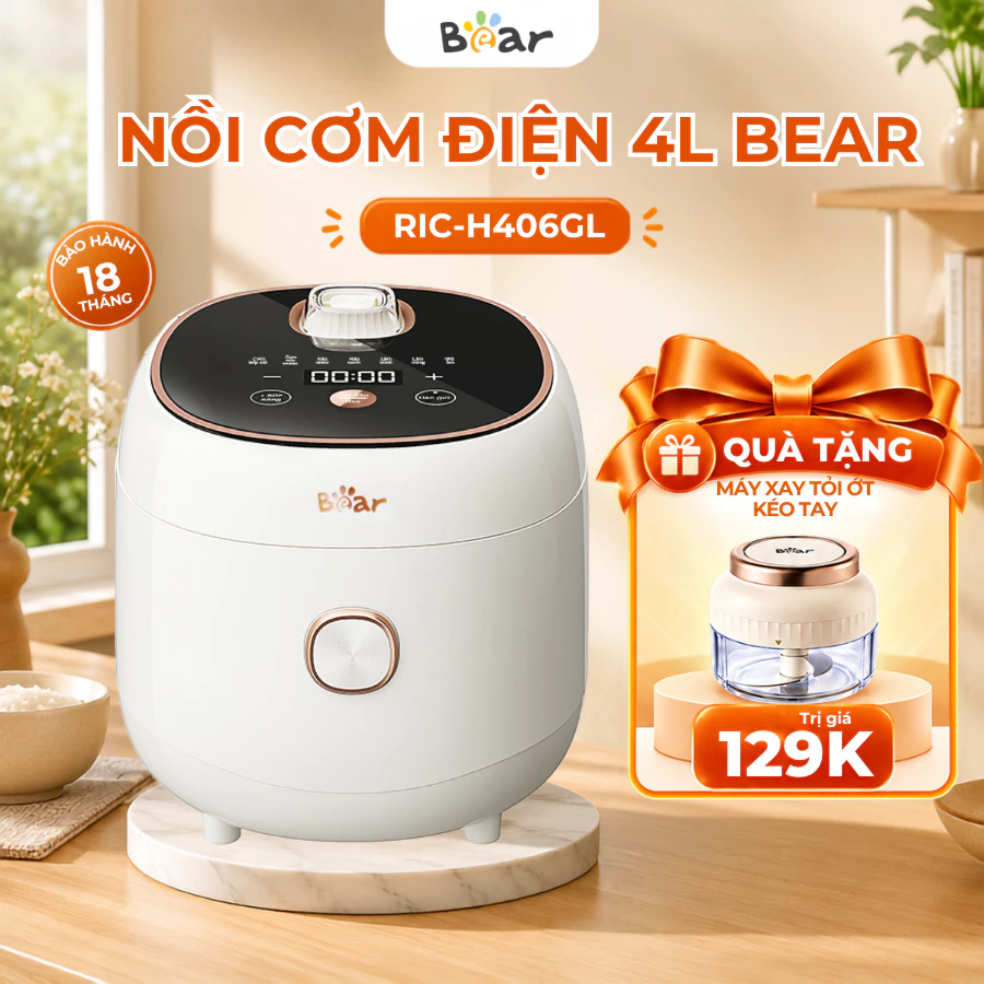 [TẶNG MÁY XAY TỎI ỚT]Nồi cơm điện 4L đa năng Bear RIC-H406GL, 800W,6 Chế độ nấu,2-4 người ăn,Hẹn giờ