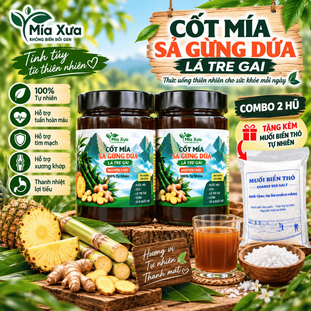 Combo 2 Hũ Cốt Mía Sả Gừng Dứa Lá Tre Gai Không Chất Bảo Quản Không Phụ Gia Tặng Kèm Muối Biển Thô