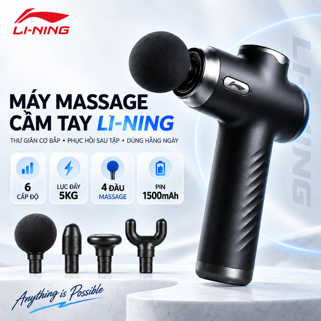 Máy massage cầm tay Shiwei Li-Ning 6 mức lực, 4 đầu massage chuyên dụng, pin 1500mAh sạc Type-C LJSU315