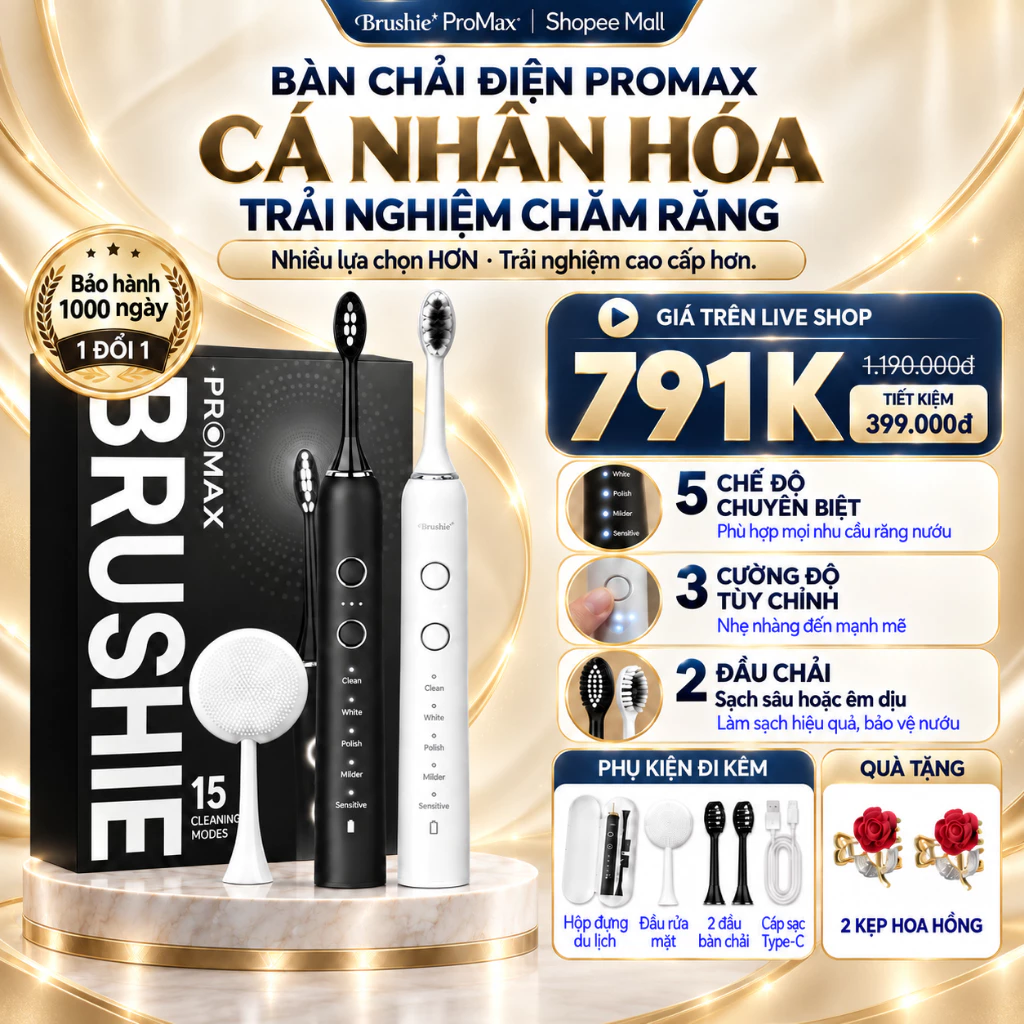 [SĂN 649K LIVE SHOP] Bàn Chải Điện BRUSHIE Promax Cá nhân hóa 15 Chế Độ Làm sạch Phù Hợp Răng Nhạy Cảm, Răng Niềng LIS