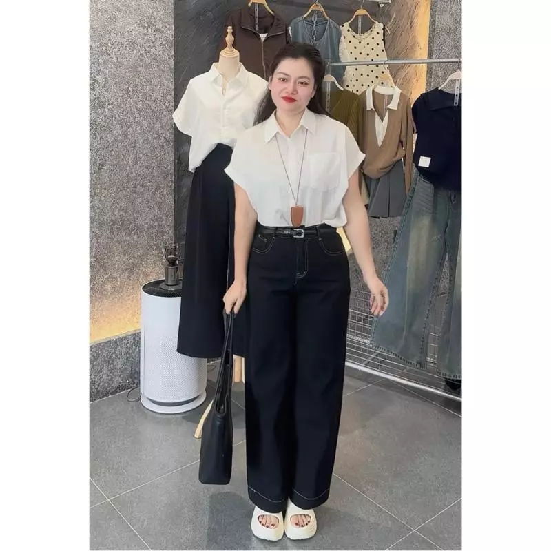 2112 BIGSIZE Quần jeans suông nữ cạp cao, quần jeans ống rộng gấu bản to phối viền chỉ cao cấp