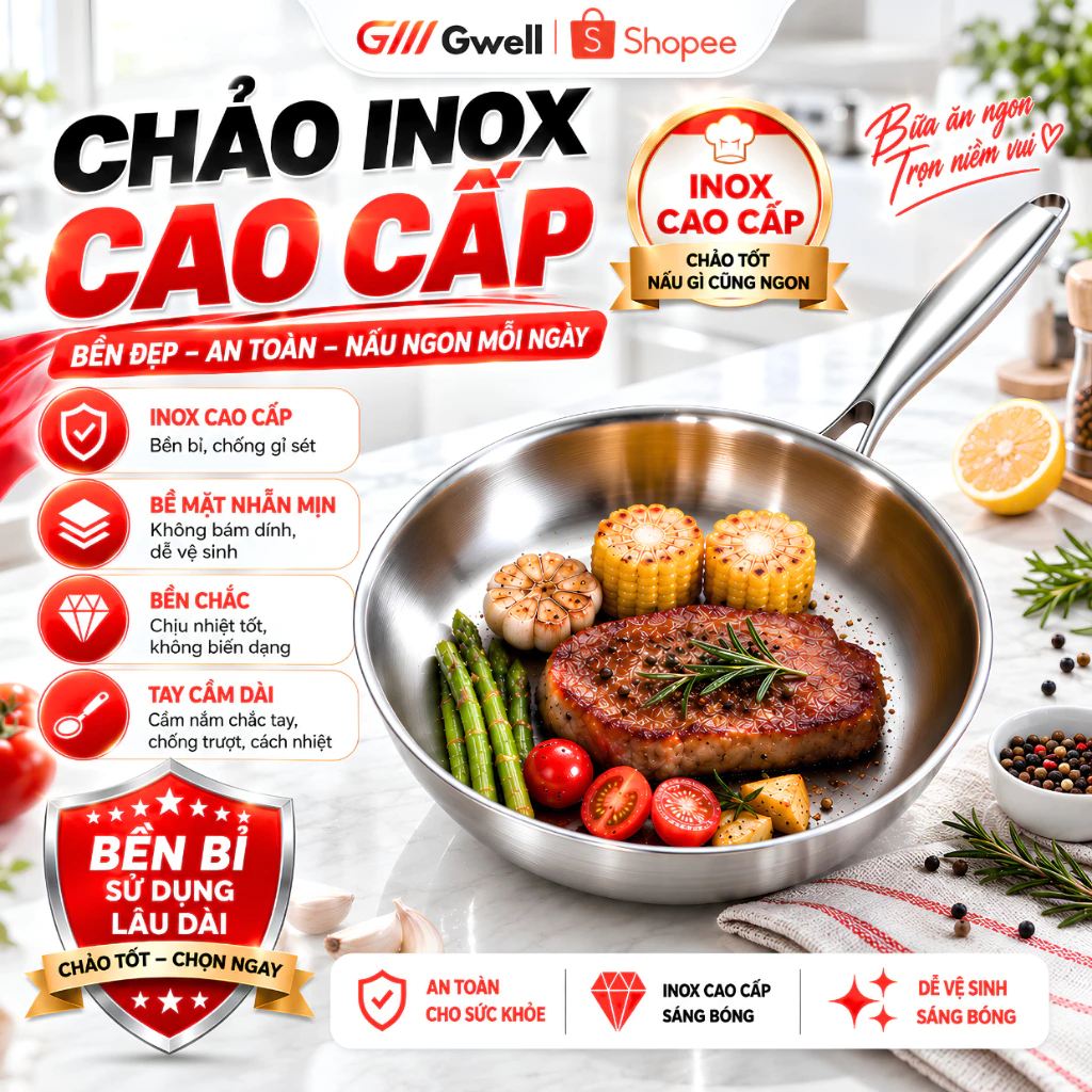 Chảo Inox Cao Cấp Nguyên Khối 20-28cm 3 Lớp Inox Không Phủ Chống Dính Dùng Mọi Loại Bếp