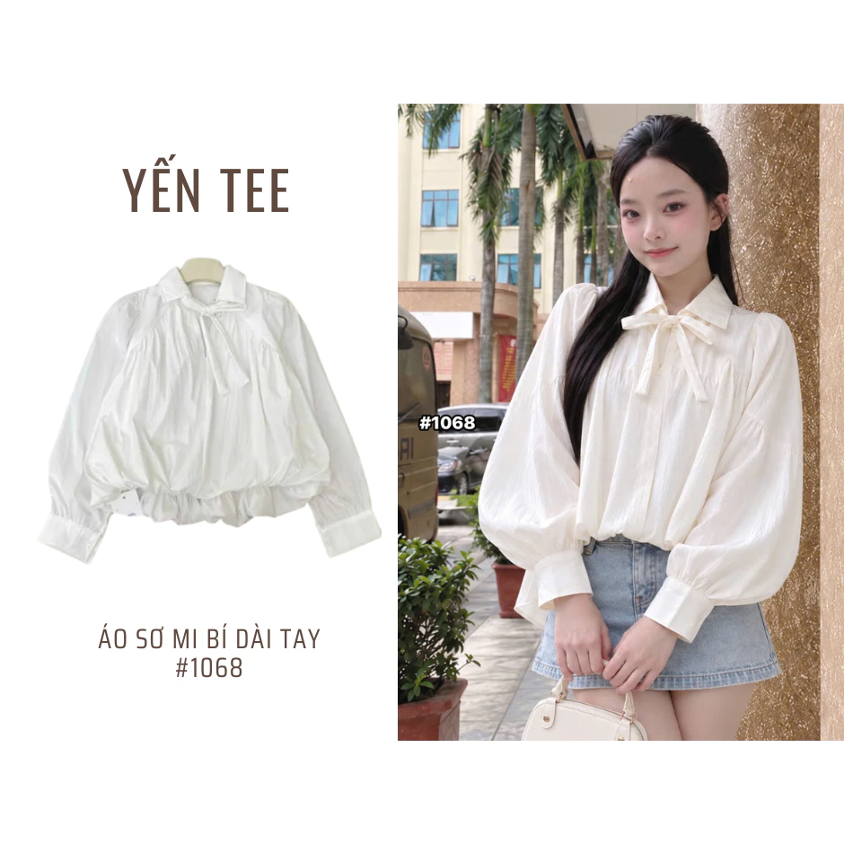 Áo sơ mi dài tay dáng bí, chất gió mềm, mát, tay bồng cổ phối nơ nhẹ nhàng, nữ tính, dễ phối đồ Yến Tee #1068