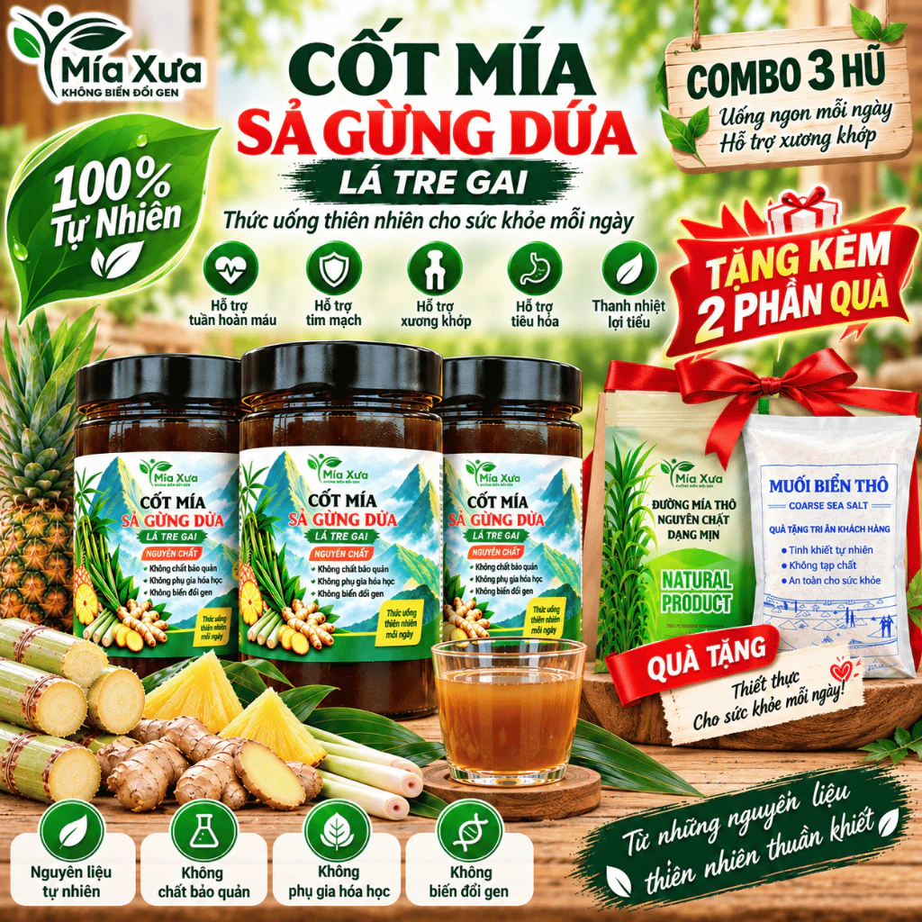 Combo 3 Hũ Cốt Mía Sả Gừng Dứa Lá Tre Gai Không Chất Bảo Quản Không Phụ Gia Tặng Kèm Đường Mía Thô Và Muối Biển Thô