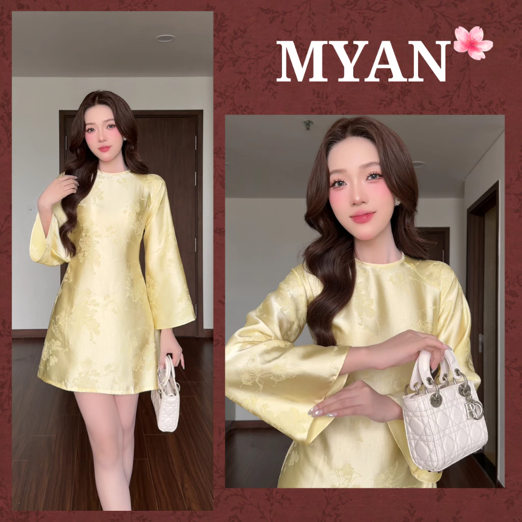 Đầm lụa HOÀNG YẾN, váy lụa dáng ngắn tay loe, màu vàng thanh lịch, sang trọng - Áo dài Mỹ An