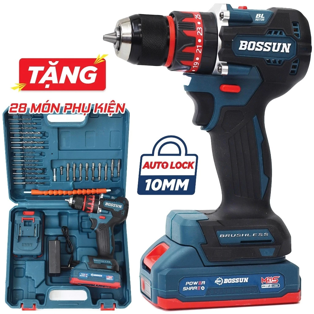 [TẶNG 25 PHỤ KIỆN] Máy khoan pin Bossun BS-ID1065PK - Chuyên Khoan Tường, Sắt, Gỗ, Bắt Vít - Không Chổi Than
