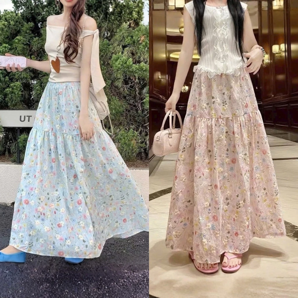 (Ảnh thật) Chân váy midi họa tiết hoa nổi Catherine, váy dài dáng xòe 2 tầng cạp chun Renee Store - V2485