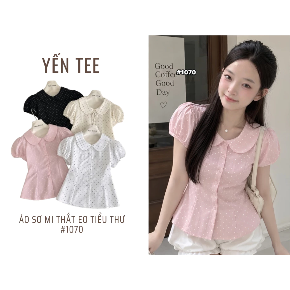 Áo sơ mi nữ tay bồng, cổ sen hoạ tiết chấm bi, phối cúc, thắt nơ eo nhẹ nhàng, Hàn Quốc Yến Tee #1070