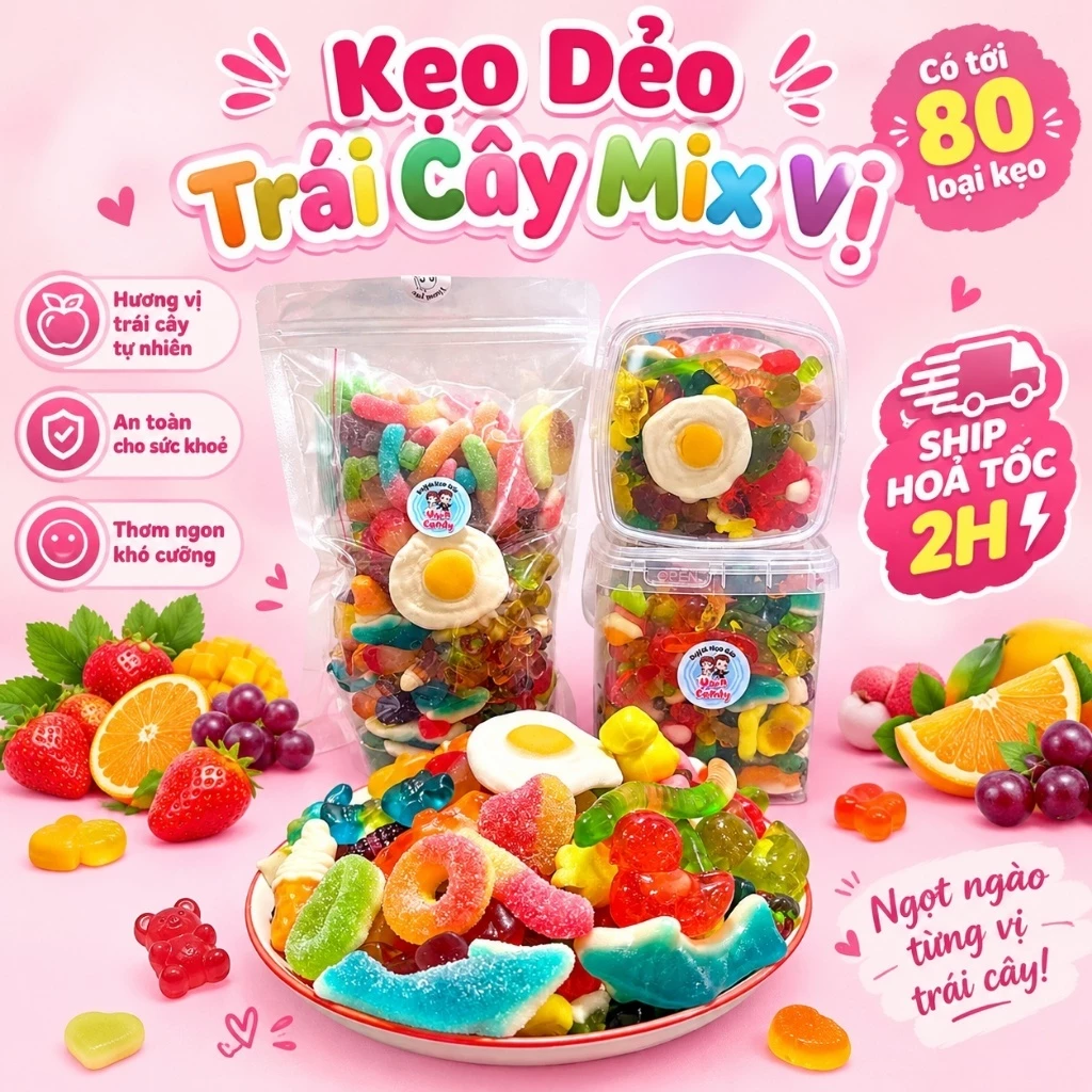 Kẹo Dẻo Trái Cây Mix 80 Vị, Thơm Đậm Vị Trái Cây Tự Nhiên - Đa Dạng Hình Thù Mà Bé Yêu Thích