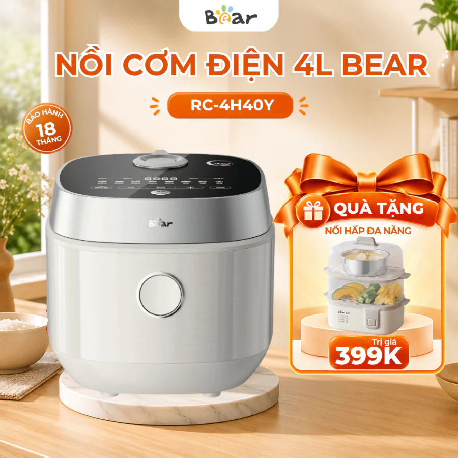[TẶNG NỒI HẤP MINI]Nồi cơm điện đa năng Bear 4L RC-4H40Y, 8 Chế độ,Lõi nồi gang chống dính giữ nhiệt