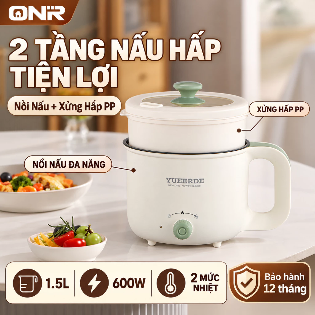 Nồi Lẩu Điện Đa Năng 1.5L, Nồi Chiên Xào Nấu Hấp 2 Tầng 600W, Lòng Nồi Chống Dính Dễ Vệ Sinh