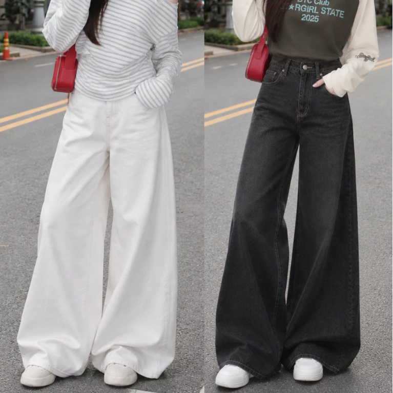 Quần Jean Nữ Lưng Cao Ống Rộng Loe 33-37cm Tôn Dáng - Màu Trắng, Đen Xám - Dài 95cm và 100cm