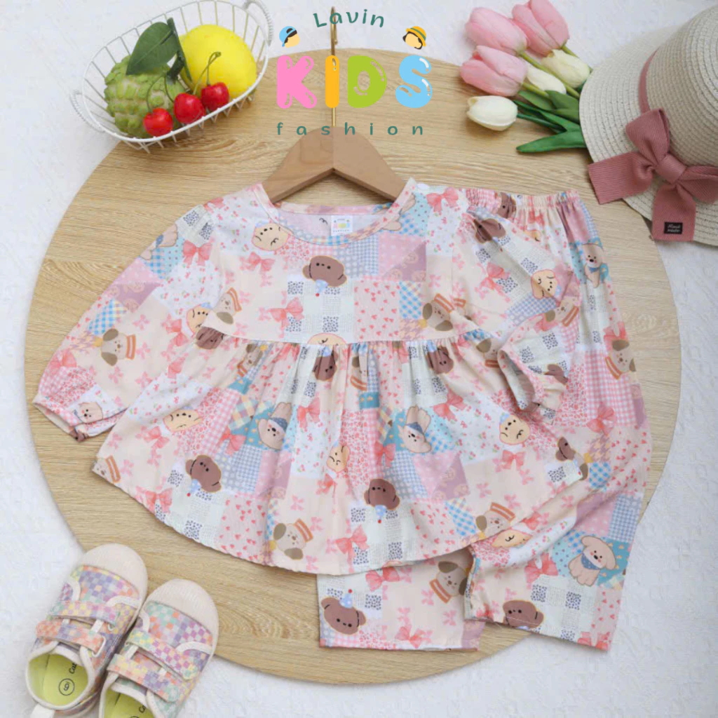 Bộ tole lanh tay dài quần dài cài nút vai cho bé gái size 7-15kg
