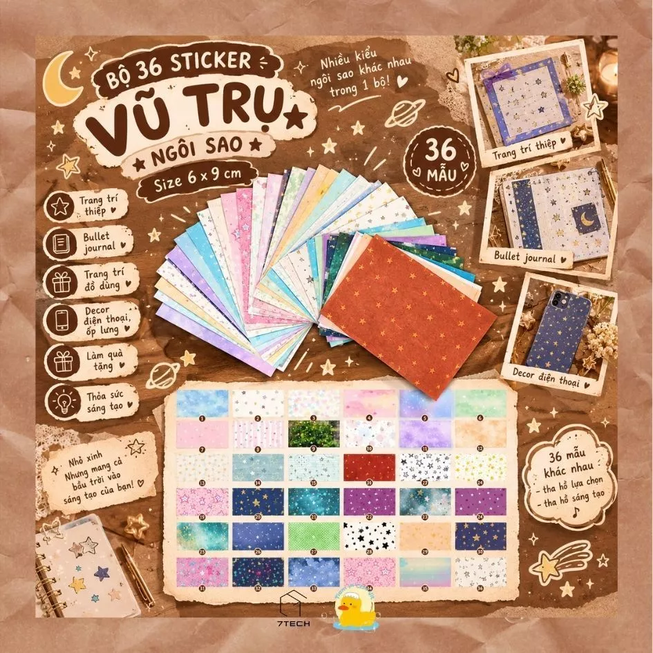 Bộ 36 sticker/hình dán "Vũ trụ" Ngôi sao nhiều màu sắc - Size 6x9 - Trang trí Bullet Journal, Vở sổ, Qùa tặng,...