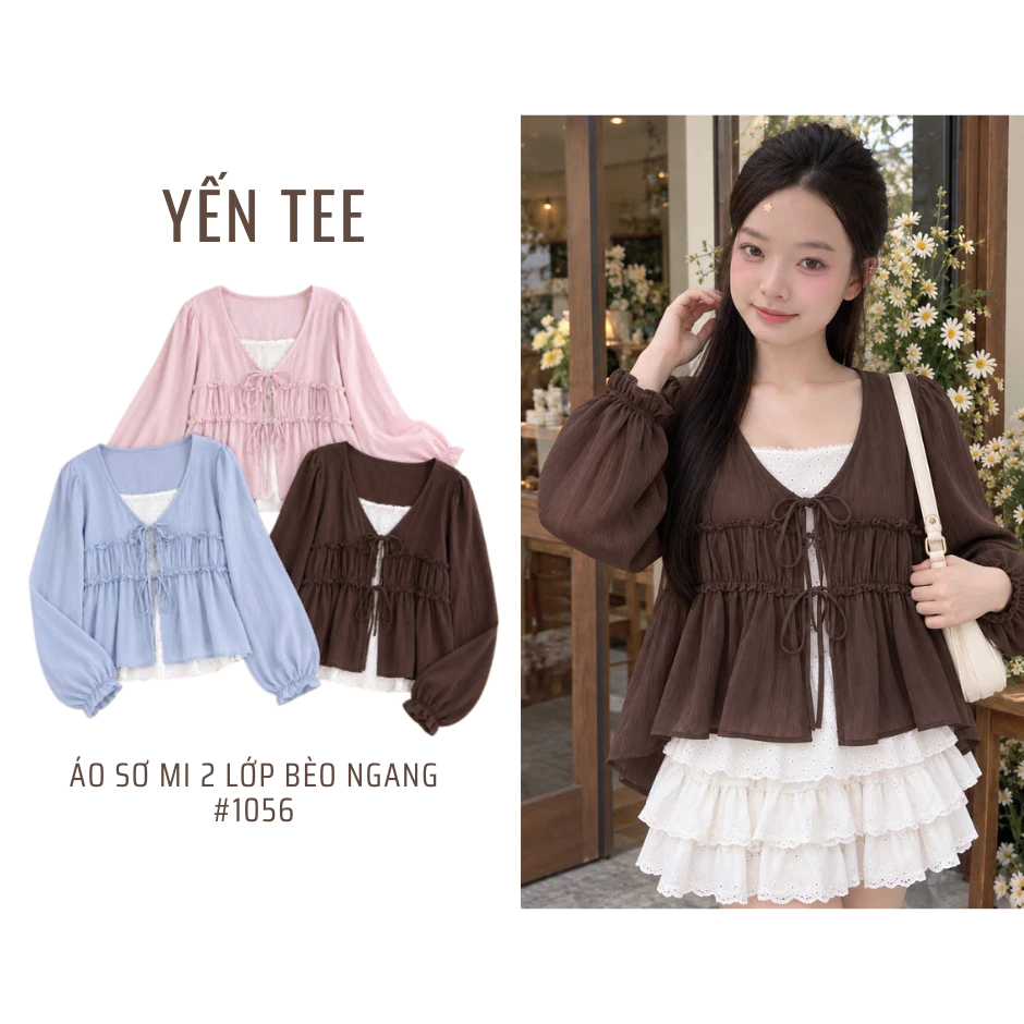 Áo sơ mi nữ hai lớp tay phồng, viền bèo ngang thắt nơ nữ tính, chất đũi mềm, hoạ tiết chấm bi Yến Tee #1056