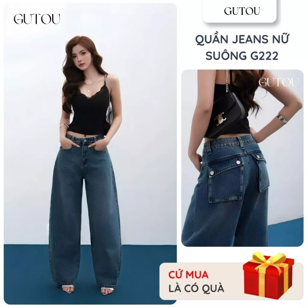 [GUTOU] Quần Baggy Nữ Túi Hộp Elya, Quần Jean Baggy Nữ Ống Rộng Cạp Cao Cá Tính Hot Trend G222