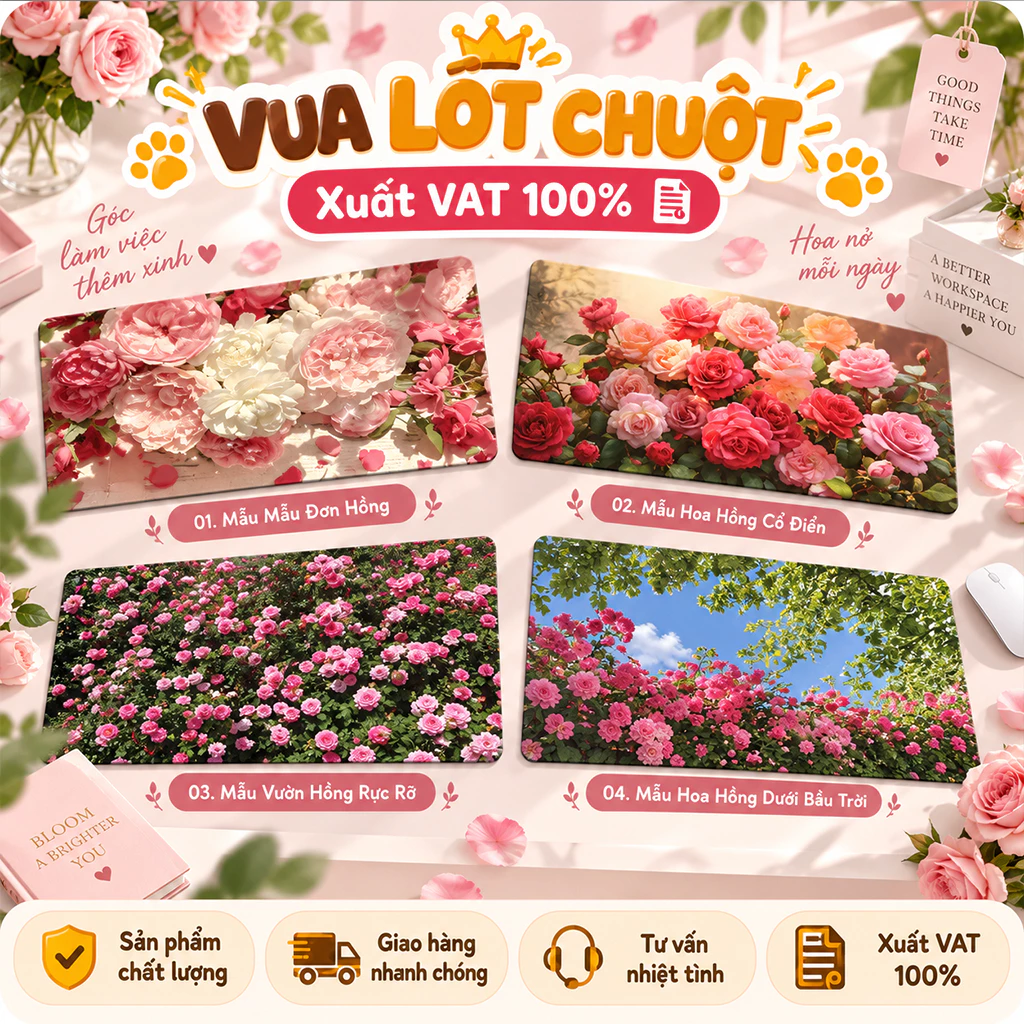 Lót chuột cỡ lớn, pad chuột, DESK MAT họa tiết hoa hồng full size, lót chuột vải in hoa vintage decor nữ tính