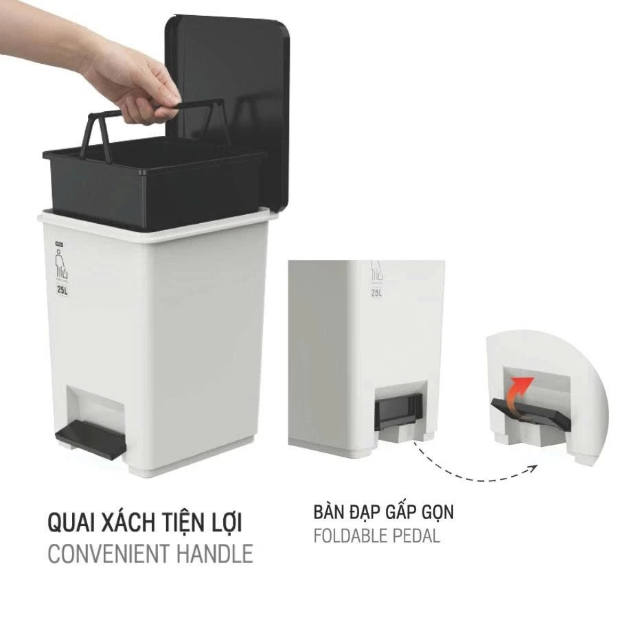 Thùng Rác Loop Matsu10L, 15L, 25L, Nhựa PP, Bàn Đạp Gấp Gọn, Quai Xách Tiện Lợi, Nắp Kín