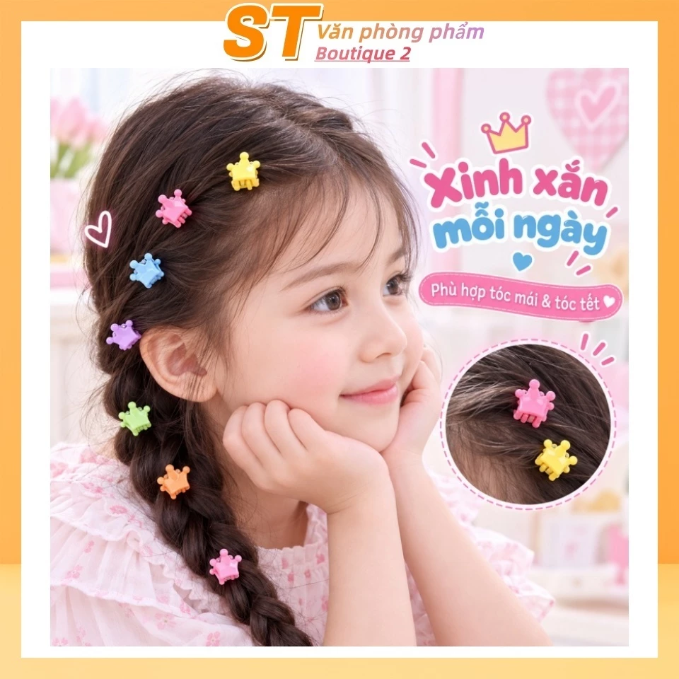 Một bộ 50 chiếc kẹp tóc hình vương miện màu macaron dùng để tết tóc mái cho trẻ em, kẹp tóc nhỏ dễ thương