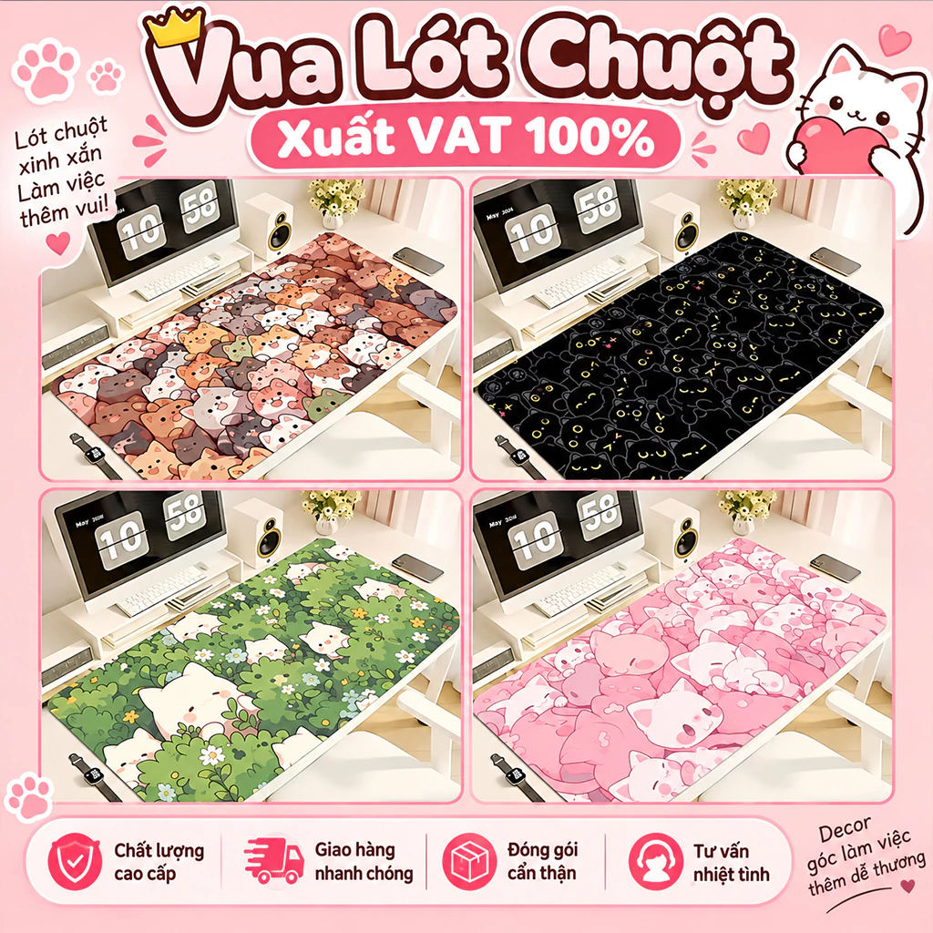 Tấm lót chuột hình mèo dễ thương Vua Lót Chuột Deskmat chống trượt trang trí bàn học, Laptop, PC