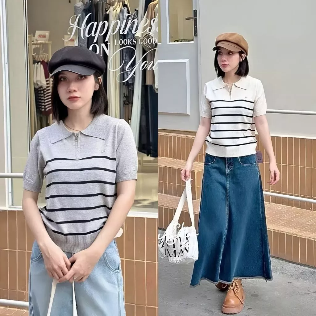 Áo polo len cổ khóa kéo họa tiết kẻ sọc đính tag, áo len mỏng mongtoghi cộc tay Renee Store - AL1954