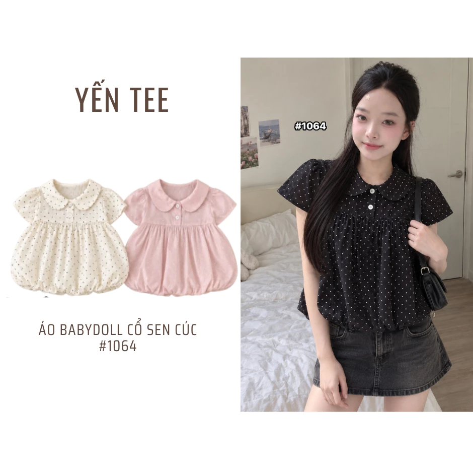Áo sơ mi bí cổ sen tay bồng chất đũi mềm, phối chấm bi, 2 cúc cổ, nhẹ nhàng tiểu thư Hàn Quốc Yến Tee #1064