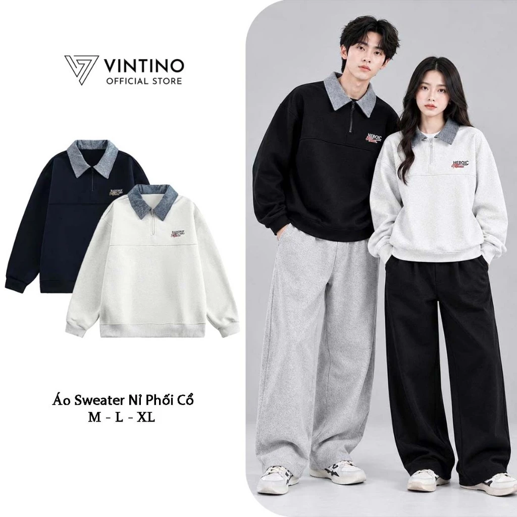Áo Sweater VINTINO Nam Nữ Cổ Polo Form Rộng Chất Nỉ 2 Da Dày Dặn APS03
