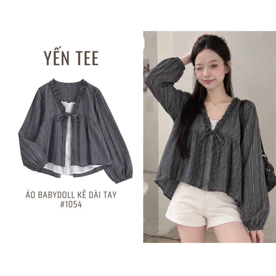 Áo sơ mi nữ dài tay, áo babydoll tay bồng phối kẻ, hai lớp cổ viền bèo, thắt nơ, dễ phối đồ Yến Tee #1054