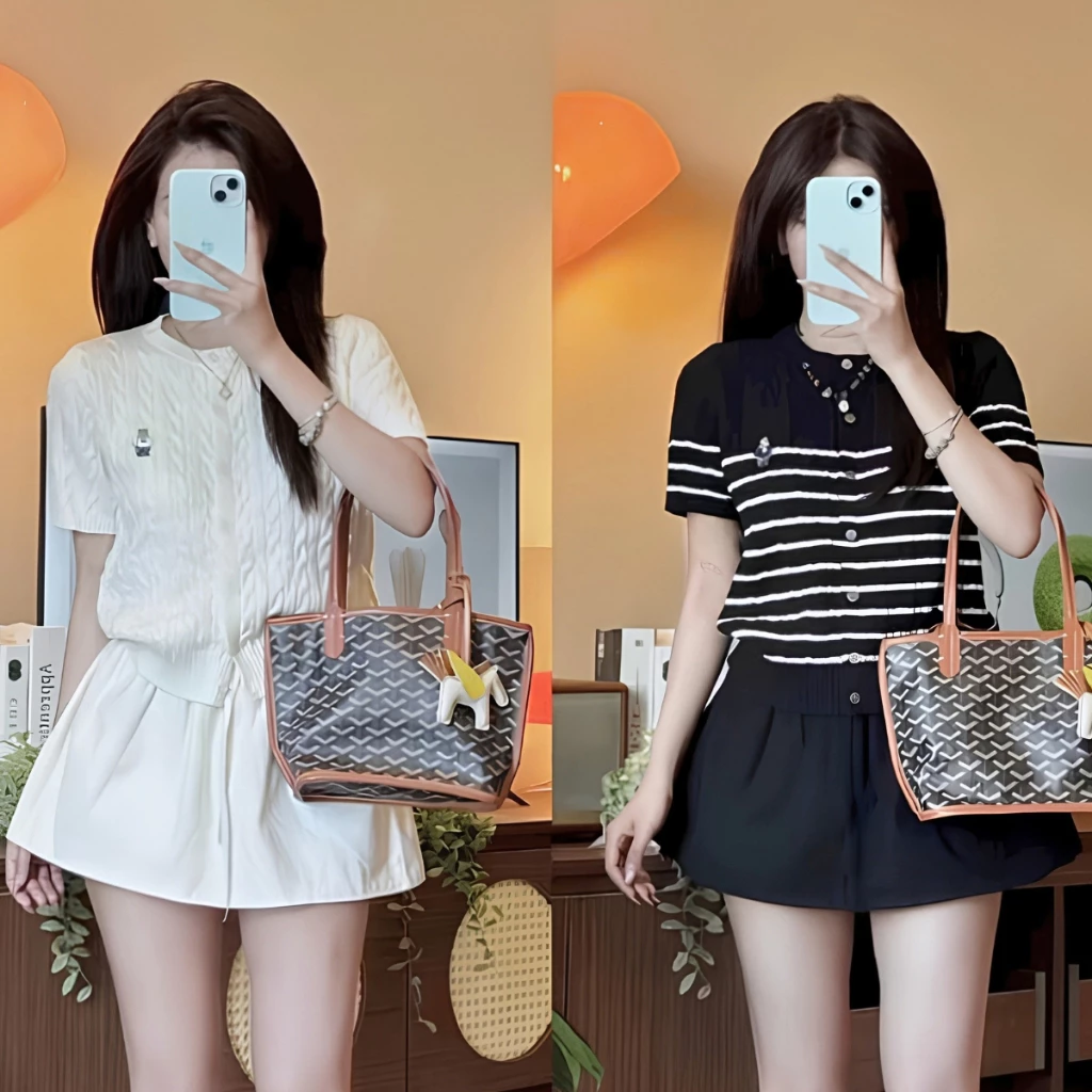 Áo cardigan thêu gấu kẻ sọc họa tiết xoắn thừng, áo len mềm cổ tròn cài cúc Renee Store - AL1732