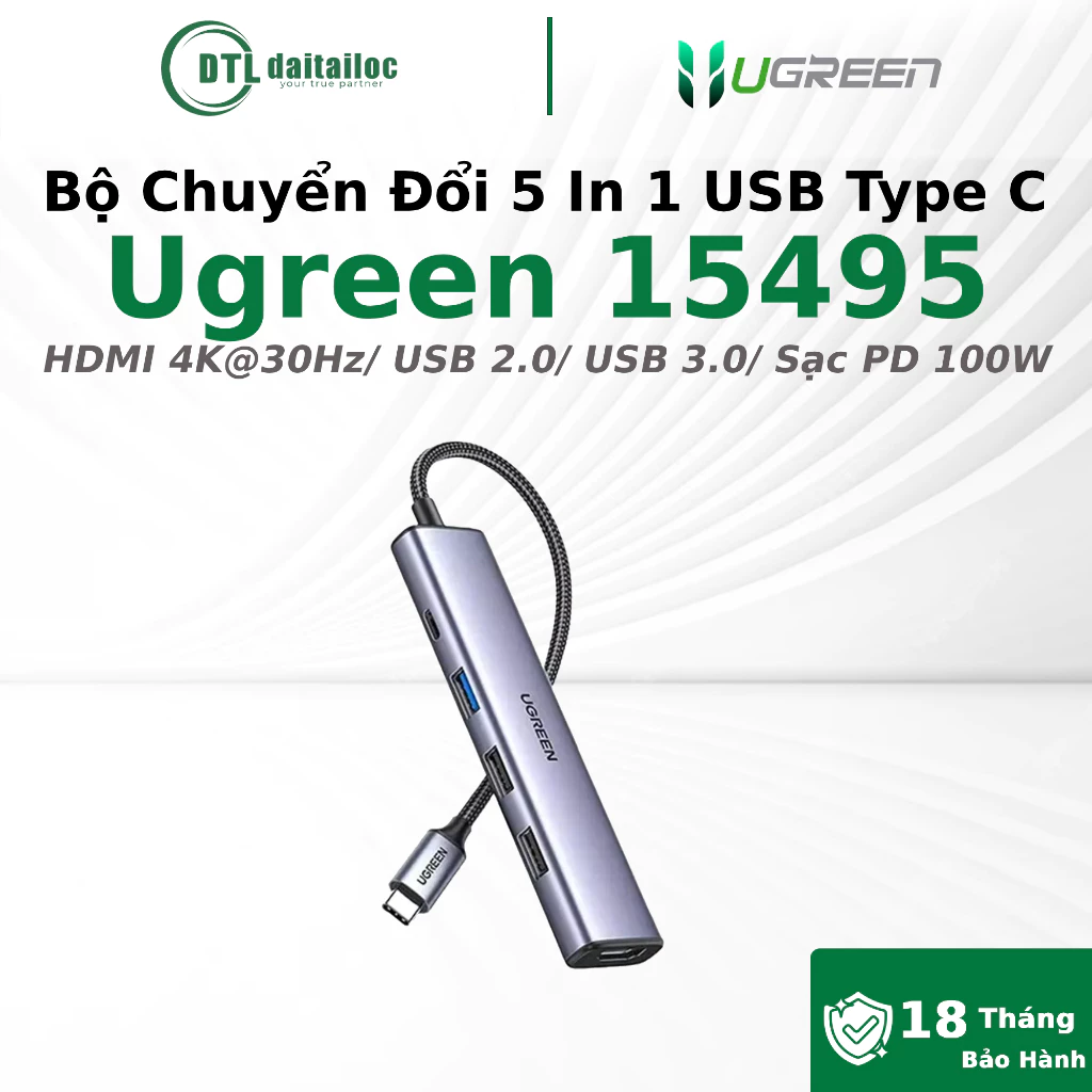 Bộ Chuyển Đổi 5 In 1 USB Type C Ra HDMI 4K@30Hz / USB 2.0 / USB 3.0 / Sạc PD 100W (CM478) Ugreen 15495 | Chính Hãng